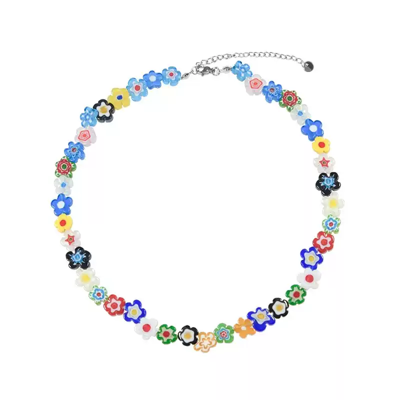 Colored Glass Beaded Flower Necklace - Whimsical Japanese-Korean Style Jewelry